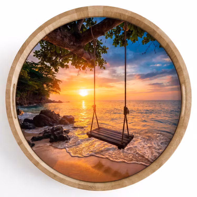 Schommel - Strand - Zonsondergang - Natuur - Oranje Dienblad Rond middel -z3d_shopping