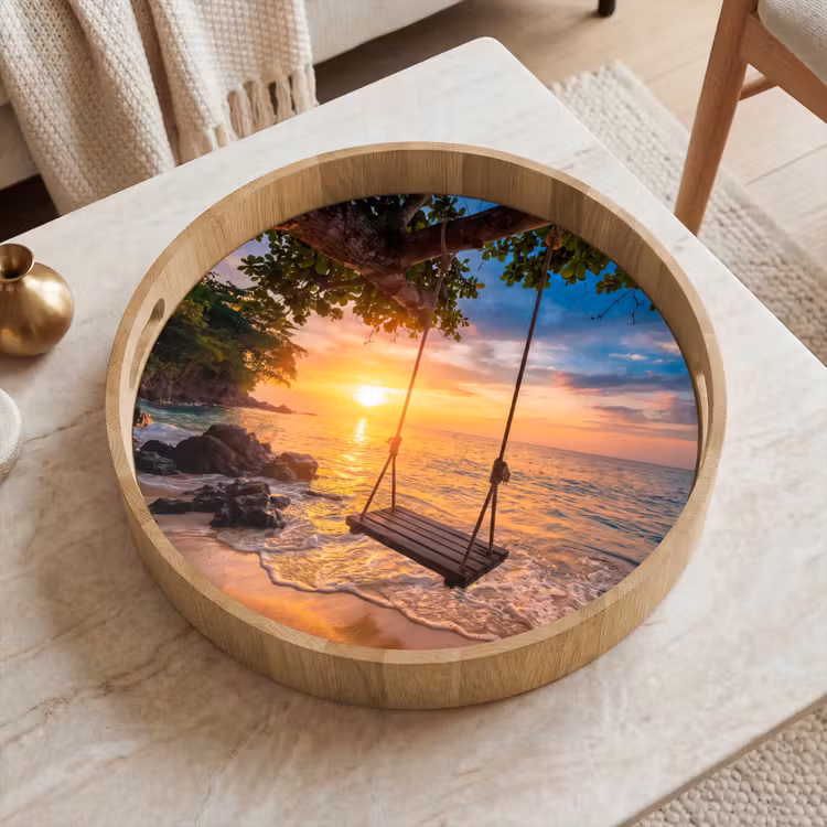 Schommel - Strand - Zonsondergang - Natuur - Oranje Dienblad Rond middel -sfeer1