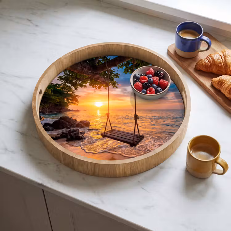 Schommel - Strand - Zonsondergang - Natuur - Oranje Dienblad Rond middel -sfeer2