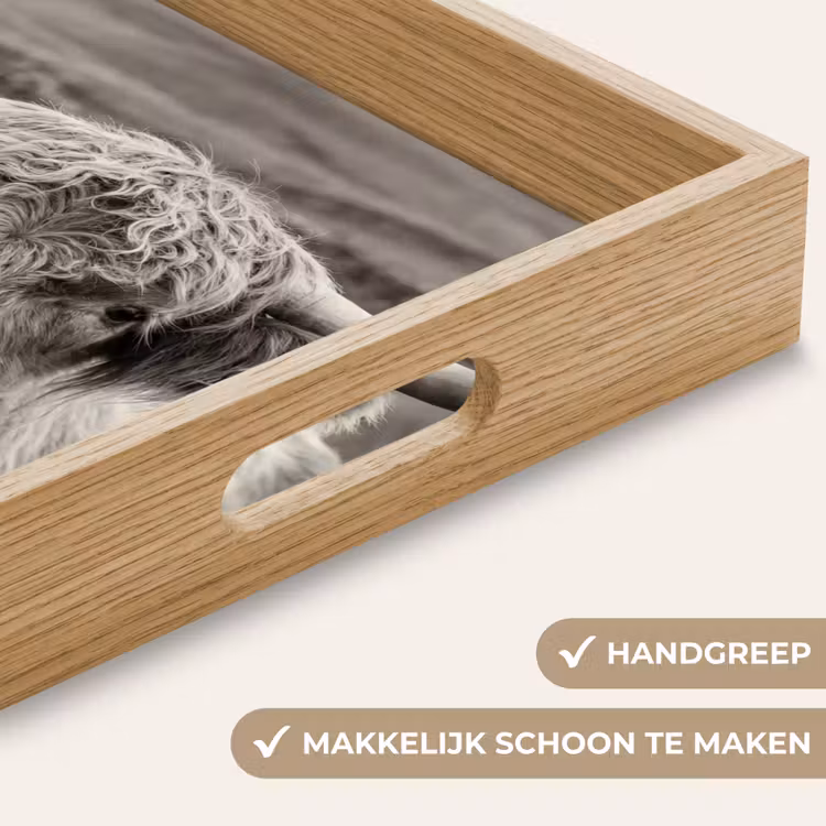Schotse hooglander - Zwart - Wit - Hout Dienblad Rechthoek middel -USP_HandgreepNL