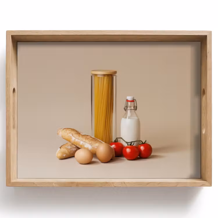 Spaghetti - Melk - Tomaten - Eieren - Brood Dienblad Rechthoek middel -z3d_shopping