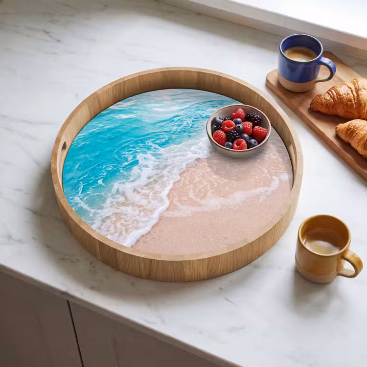 Strand - Zee - Golf - Natuur - Blauw Dienblad Rond middel -sfeer2