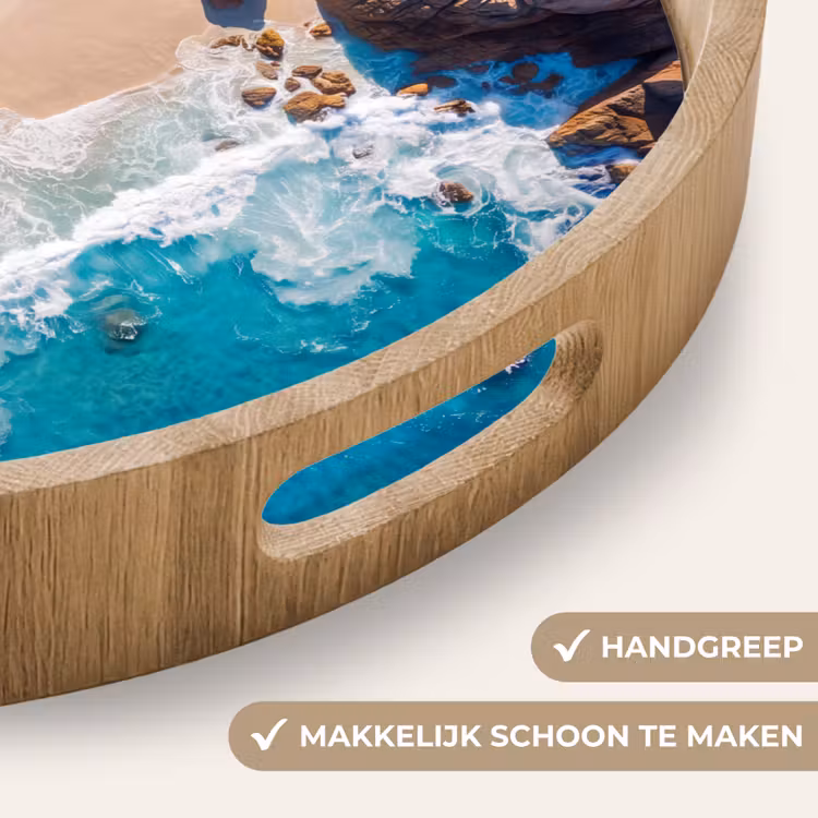 Strand - Zee - Rotsen - Natuur - Blauw Dienblad Rond middel -USP_HandgreepNL