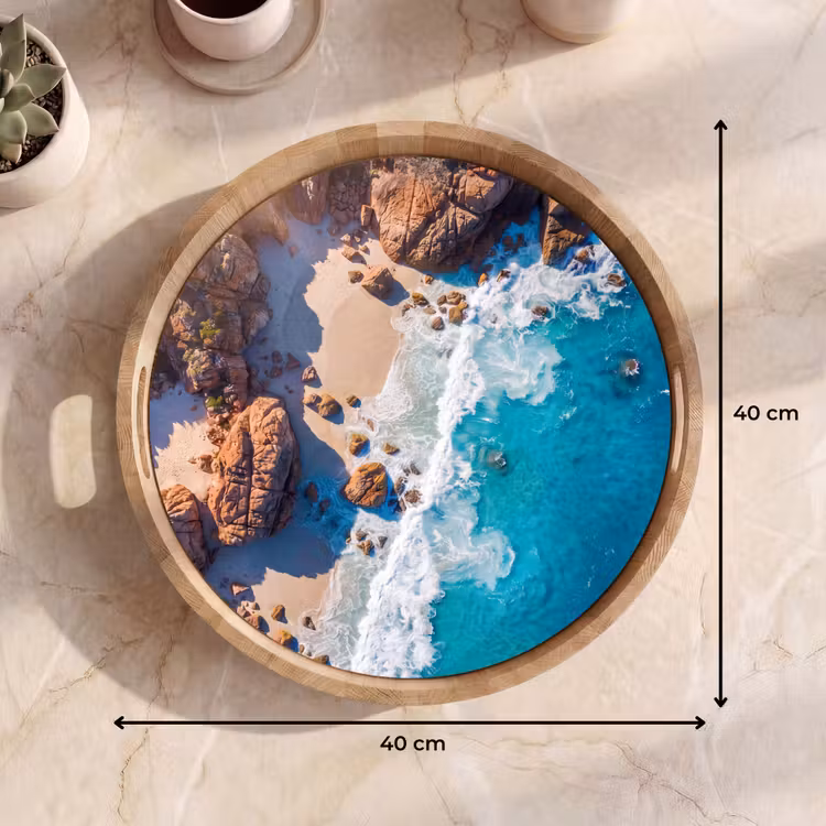 Strand - Zee - Rotsen - Natuur - Blauw Dienblad Rond middel -USP_Formaat