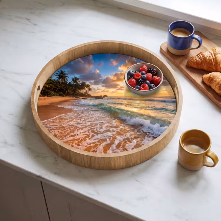 Strand - Zonsondergang - Golven - Natuur - Goud Dienblad Rond middel -sfeer2