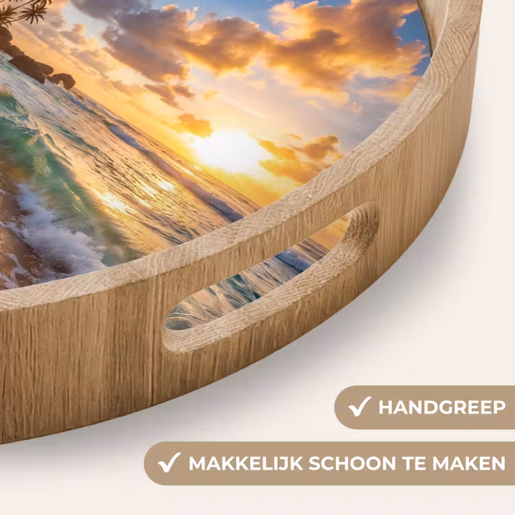 Strand - Zonsondergang - Golven - Natuur - Goud Dienblad Rond middel -USP_HandgreepNL