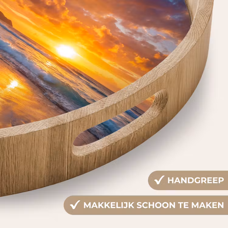 Strand - Zonsondergang - Golven - Natuur - Oranje Dienblad Rond middel -USP_HandgreepNL