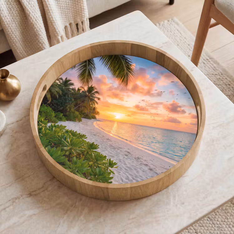Strand - Zonsondergang - Palmbomen - Tropisch - Natuur Dienblad Rond middel -sfeer1