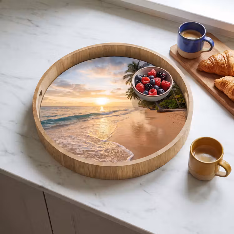 Strand - Zonsondergang - Tropisch - Natuur - Goud Dienblad Rond middel -sfeer2