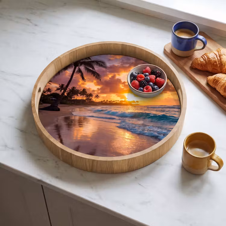 Strand - Zonsopgang - Tropisch - Natuur - Oranje Dienblad Rond middel -sfeer2