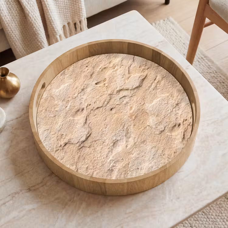 Textuur - Steen - Natuur - Beige Dienblad Rond middel -sfeer1