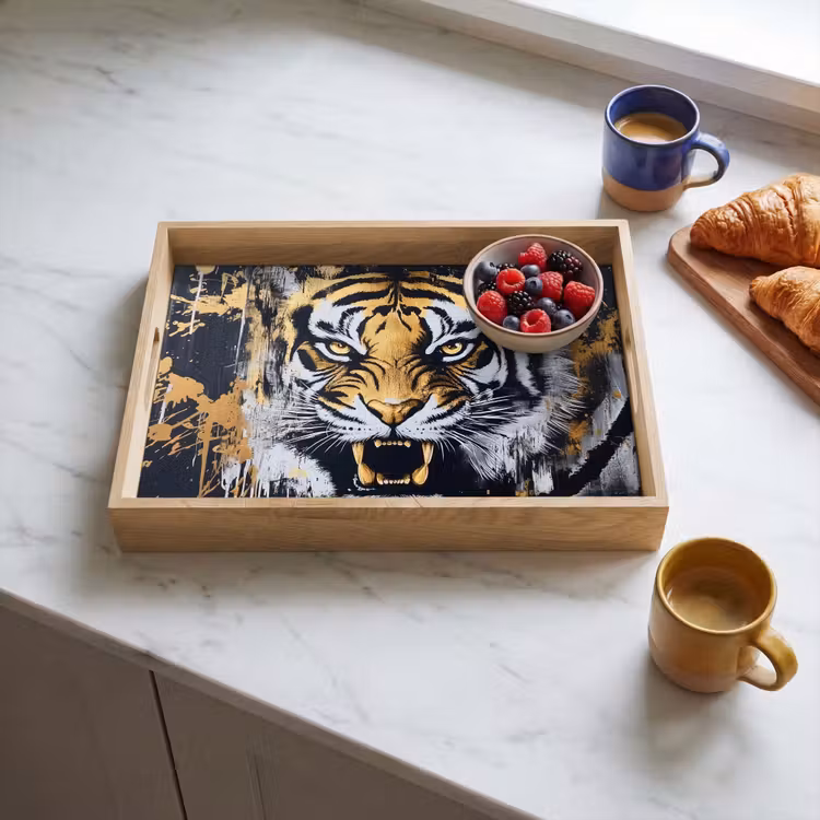 Tijger - Verfspatten - Goud Dienblad Rechthoek middel -sfeer2