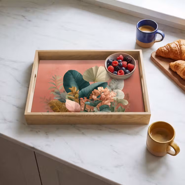 Tropische bladeren - Bloemen - Roze - groen Dienblad Rechthoek middel -sfeer2