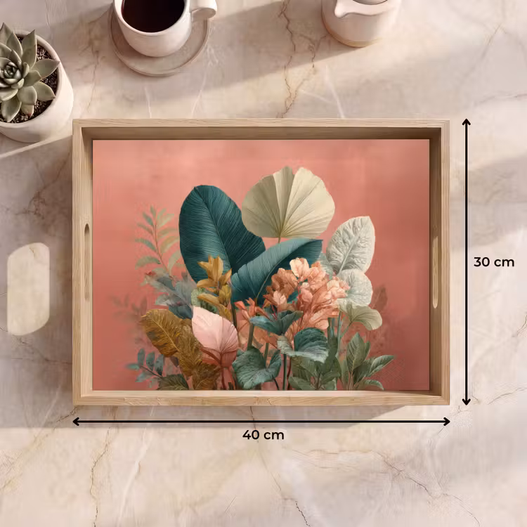 Tropische bladeren - Bloemen - Roze - groen Dienblad Rechthoek middel -USP_Formaat