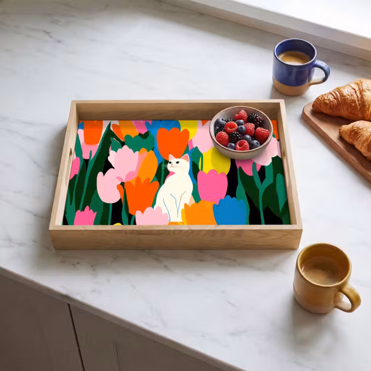 Tulpen - Kat - Kleurrijk Dienblad Rechthoek middel -sfeer2