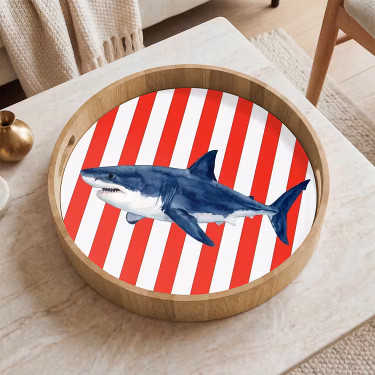 Vis - Haai - Zee - Illustratie - Blauw Dienblad Rond middel -sfeer1