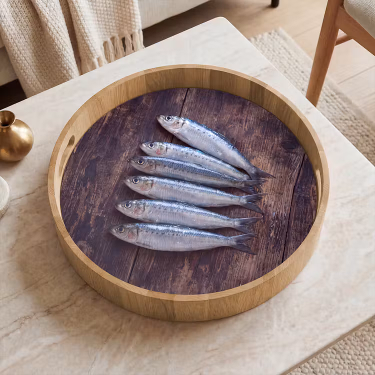 Dienblad - Vis - Hout - Eten - Vis - Hout - Eten Dienblad Rond middel
