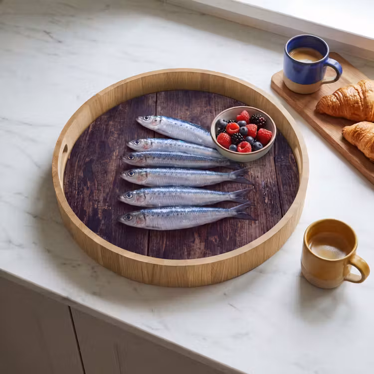 Dienblad - Vis - Hout - Eten - Vis - Hout - Eten Dienblad Rond middel