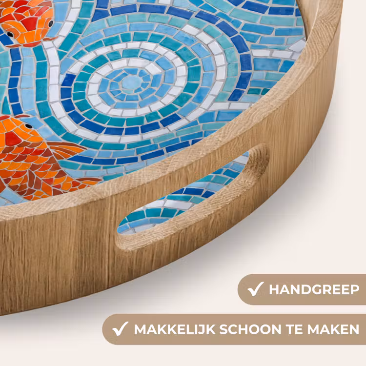 Vis - Mozaïek - Water - Decoratief - Blauw Dienblad Rond middel -USP_HandgreepNL
