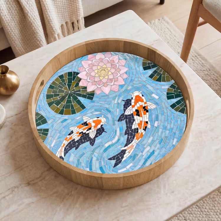 Vis - Water - Natuur - Mozaïek - Blauw Dienblad Rond middel -sfeer1