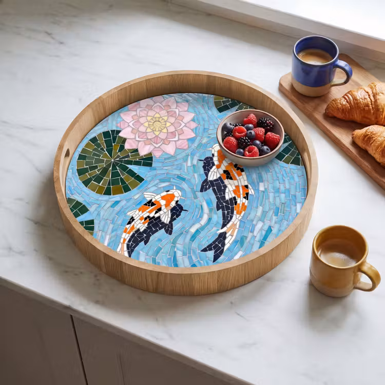 Vis - Water - Natuur - Mozaïek - Blauw Dienblad Rond middel -sfeer2