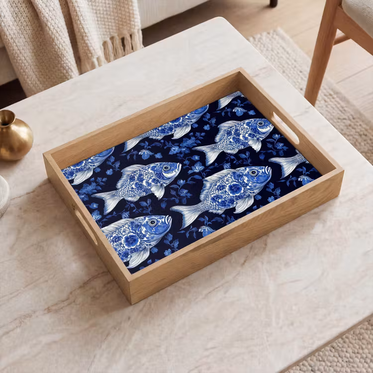 Vissen - Bloemen - Blauw Dienblad Rechthoek middel 911 -sfeer1