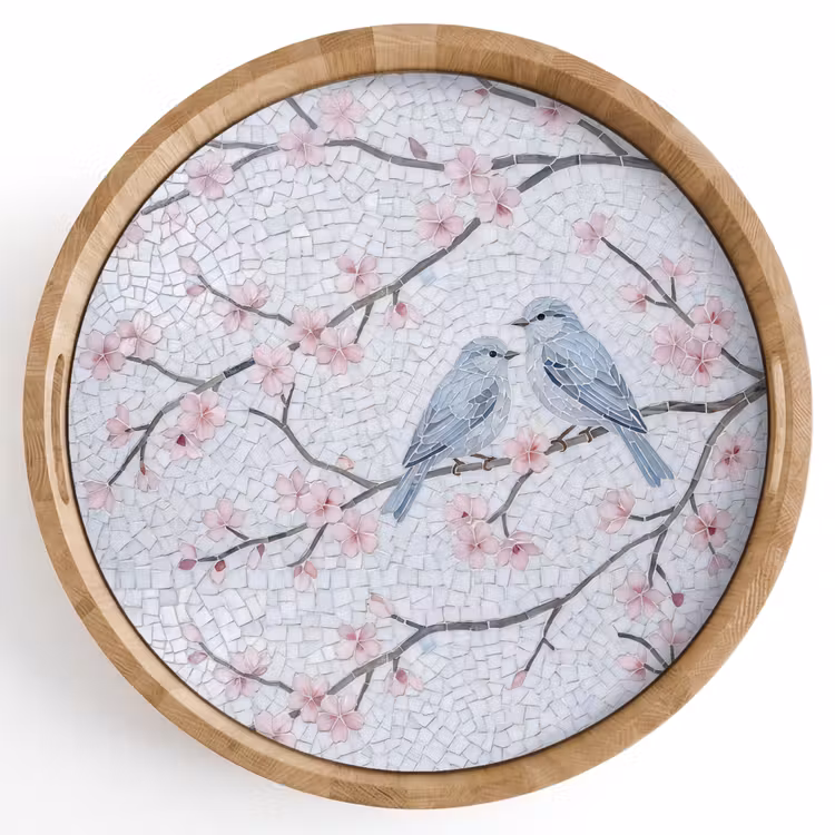 Vogel - Bloemen - Natuur - Mozaïek - Roze Dienblad Rond middel -z3d_shopping