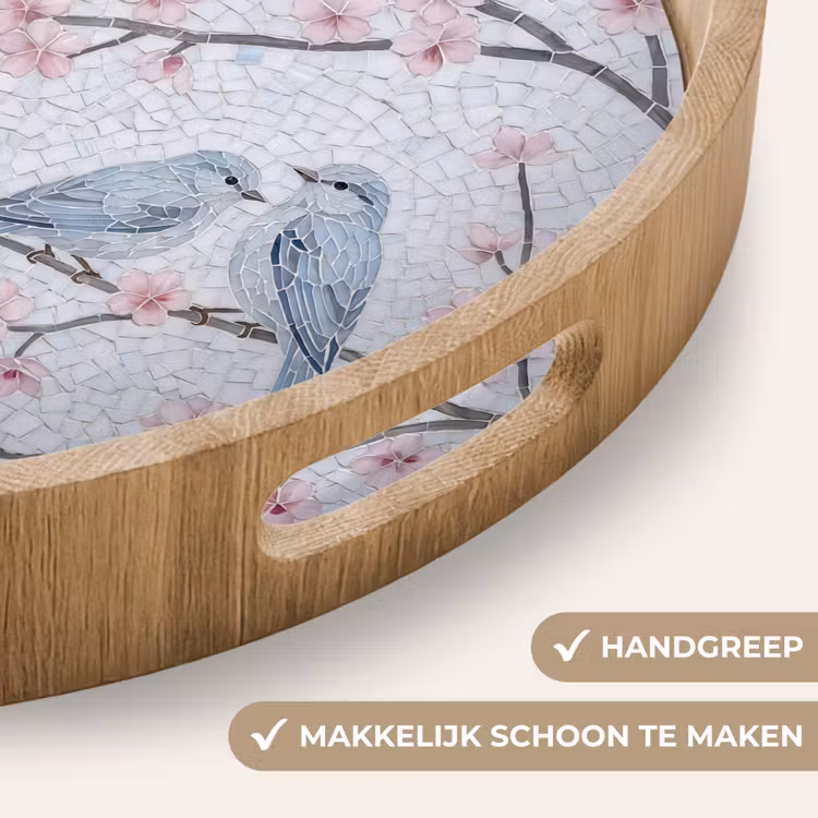 Vogel - Bloemen - Natuur - Mozaïek - Roze Dienblad Rond middel -USP_HandgreepNL