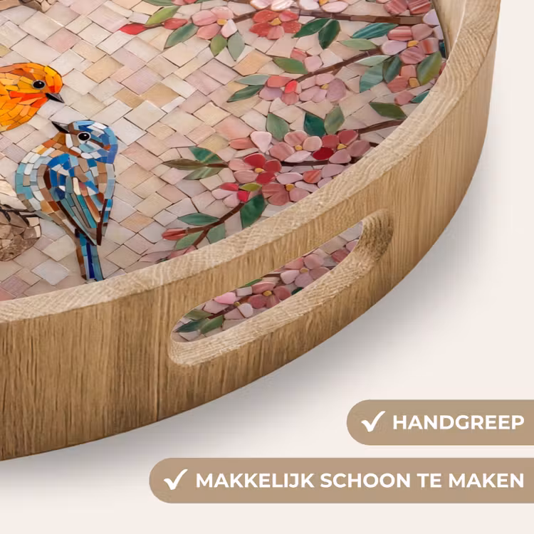 Vogel - fontein - mozaiek - kleurrijk - dieren Dienblad Rond middel -USP_HandgreepNL