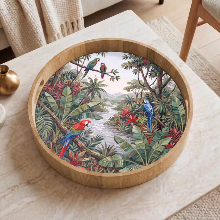 Vogel - Jungle - Natuur - Mozaïek - Groen Dienblad Rond middel -sfeer1