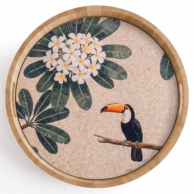 Vogel - Mozaïek - Tropisch - Natuur - Kleurrijk Dienblad Rond middel -z3d_shopping