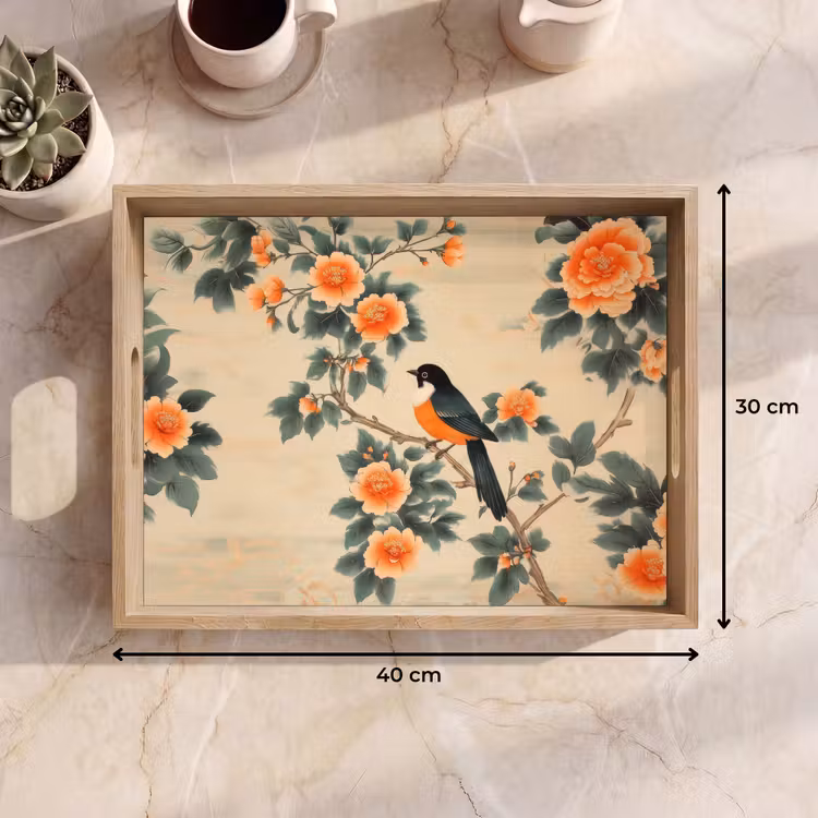 Vogel - Tak - Bloemen - Oranje Dienblad Rechthoek middel -USP_Formaat