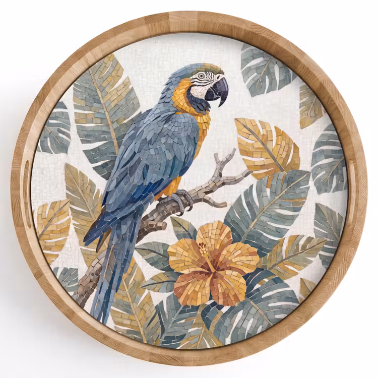 Vogel - Tak - Natuur - Mozaïek - Blauw Dienblad Rond middel -z3d_shopping