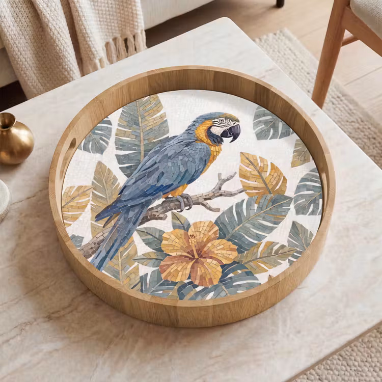Vogel - Tak - Natuur - Mozaïek - Blauw Dienblad Rond middel -sfeer1