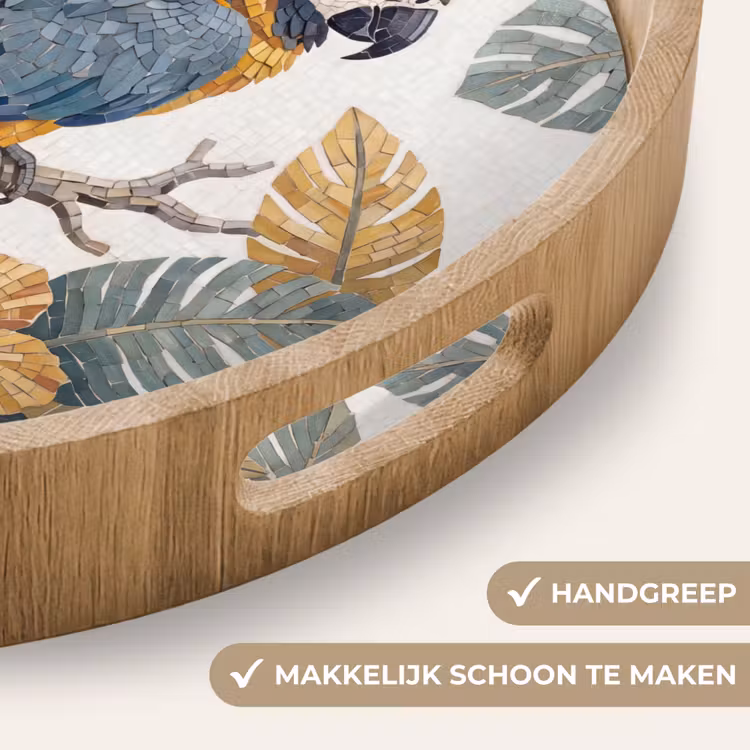 Vogel - Tak - Natuur - Mozaïek - Blauw Dienblad Rond middel -USP_HandgreepNL
