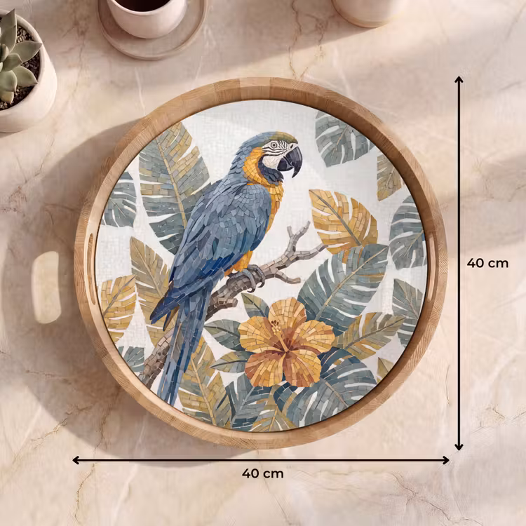 Vogel - Tak - Natuur - Mozaïek - Blauw Dienblad Rond middel -USP_Formaat