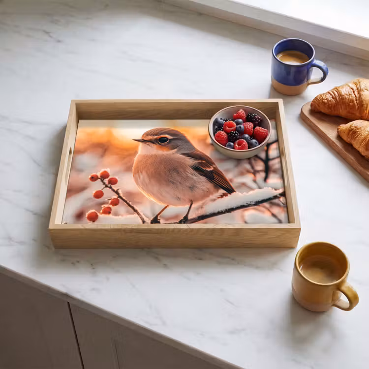 Vogel - Tak - Winter - Dieren - Sneeuw Dienblad Rechthoek middel -sfeer2