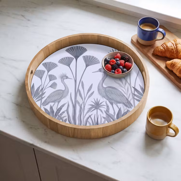 Vogel - Tropisch - Illustratie - Blauwgrijs - Natuur Dienblad Rond middel -sfeer2