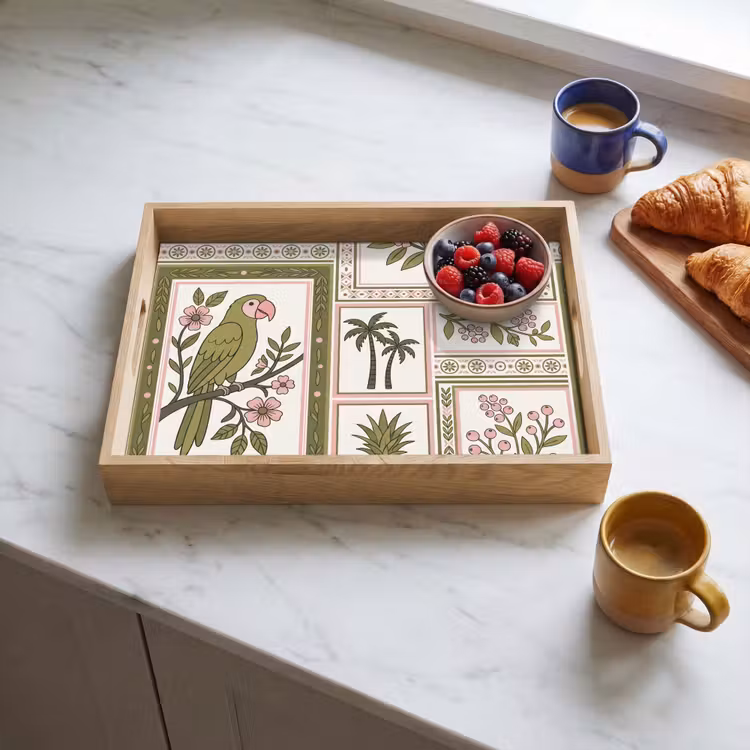 Vogel - Tropisch - Patroon - Decoratief - Groen Dienblad Rechthoek middel -sfeer2