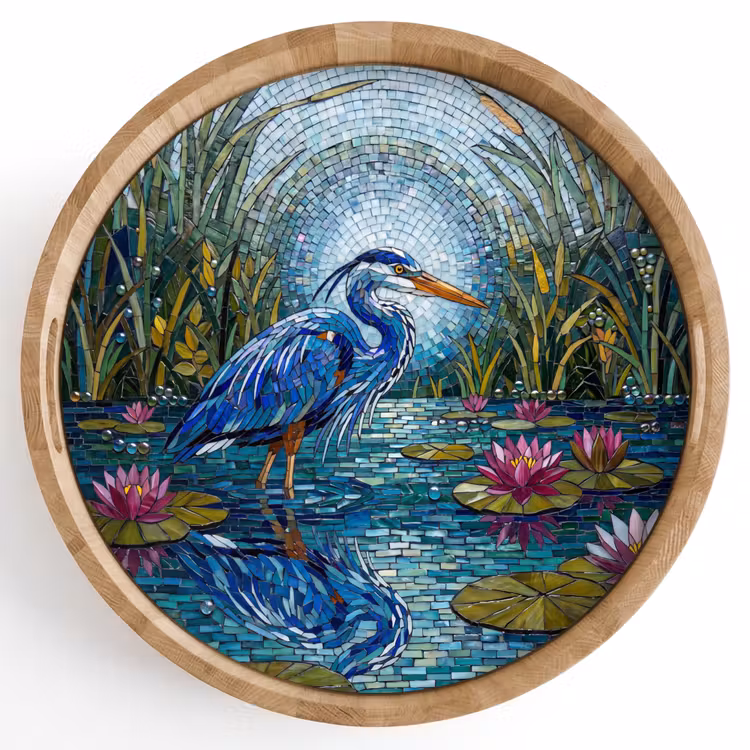 Vogel - Water - Natuur - Abstract - Blauw Dienblad Rond middel -z3d_shopping