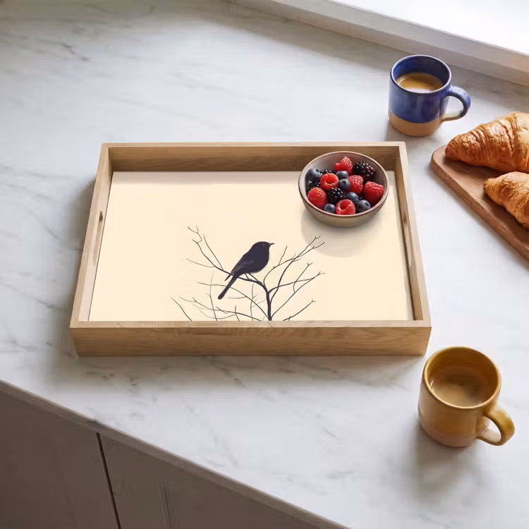 Vogel - Zwart - Tak - Minimalistisch Dienblad Rechthoek middel -sfeer2