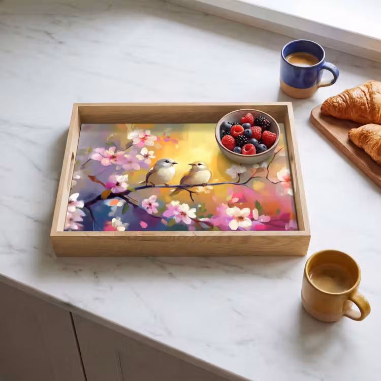 Vogels - Bloemen - Roze Dienblad Rechthoek middel -sfeer2