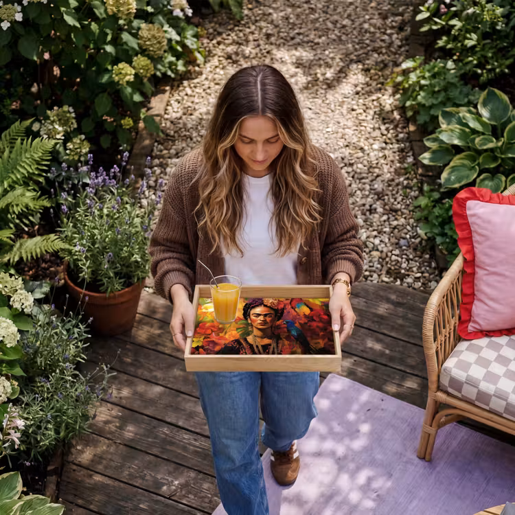Vrouw - Bloemen - Papegaai - Schilderachtig Dienblad Rechthoek middel -sfeer5