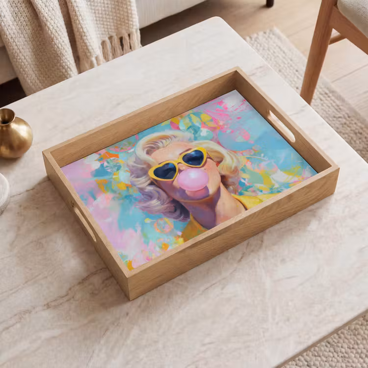 Vrouw - Blond - Roze kauwgom - Kleurrijk - Pastel Dienblad Rechthoek middel -sfeer1