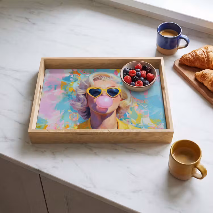 Vrouw - Blond - Roze kauwgom - Kleurrijk - Pastel Dienblad Rechthoek middel -sfeer2