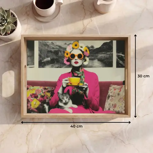 Vrouw - Kat - Bloemen - Kopje - Retro Dienblad Rechthoek middel -USP_Formaat