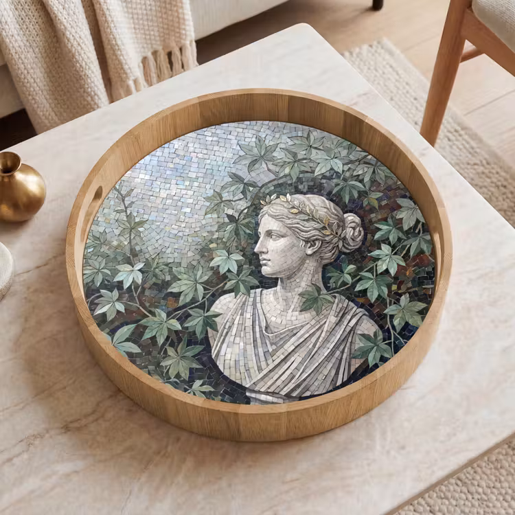 Vrouw - Klassiek - Mozaiëk - Natuur - Groen Dienblad Rond middel -sfeer1