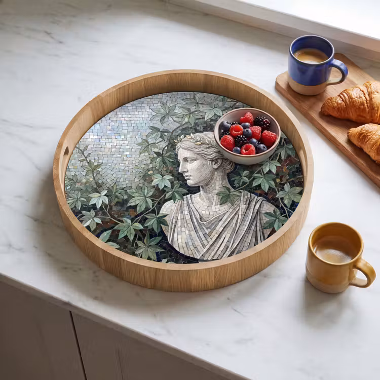 Vrouw - Klassiek - Mozaiëk - Natuur - Groen Dienblad Rond middel -sfeer2