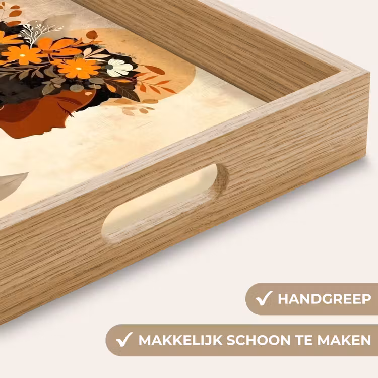 Vrouw - Krullen - Bloemen - Beige Dienblad Rechthoek middel -USP_HandgreepNL