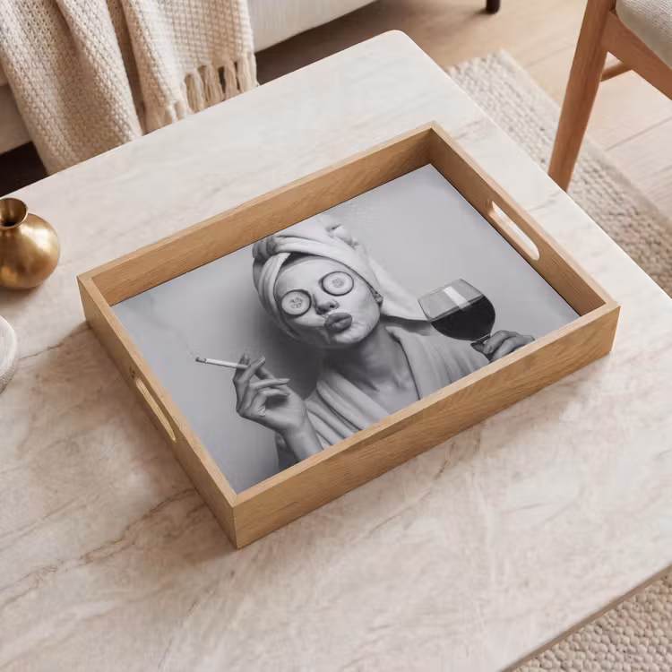Vrouw - Masker - Wijn - Sigaret Dienblad Rechthoek middel -sfeer1